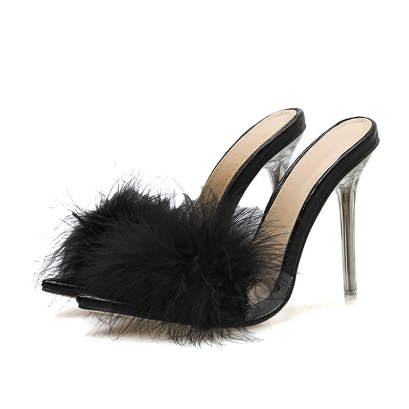 Women's Crystal High Heel Feather Fur Mule Sandals | Open-Toe PU Slip-On Heels