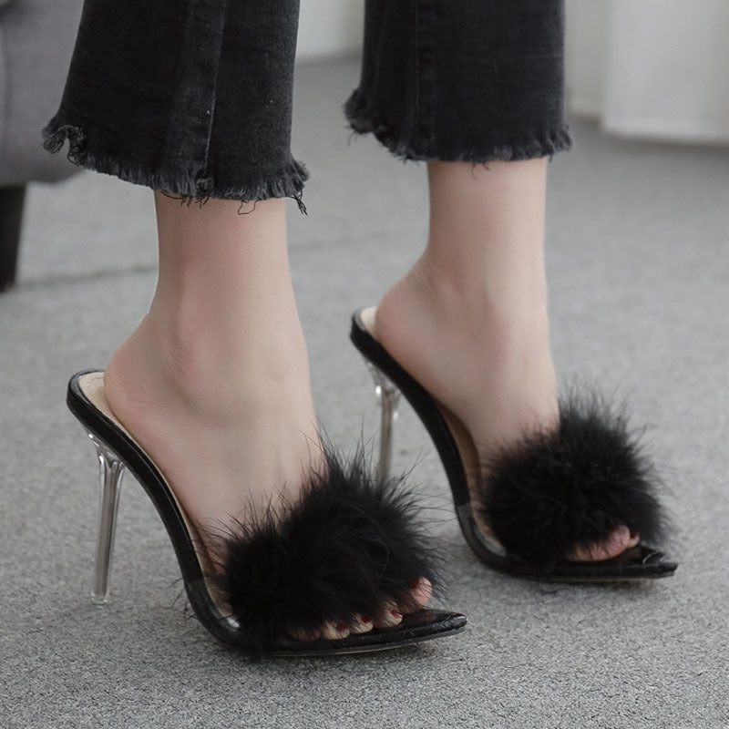 Women's Crystal High Heel Feather Fur Mule Sandals | Open-Toe PU Slip-On Heels